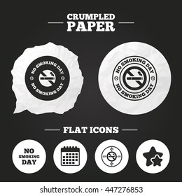 Crumpled paper speech bubble. No smoking day icons. Against cigarettes signs. Quit or stop smoking symbols. Paper button. Vector