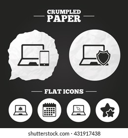 Crumpled paper speech bubble. Notebook laptop pc icons. Virus or software bug signs. Shield protection symbol. Mouse cursor pointer. Paper button. Vector