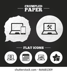 Crumpled paper speech bubble. Notebook laptop pc icons. Internet globe sign. Repair fix service symbol. Monitoring graph chart. Paper button. Vector