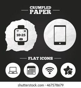 Crumpled paper speech bubble. Notebook and smartphone icons. Smart watch symbol. Wi-fi and battery energy signs. Wireless Network symbol. Mobile devices. Paper button. Vector