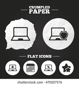 Crumpled paper speech bubble. Notebook laptop pc icons. Virus or software bug signs. Shield protection symbol. Mouse cursor pointer. Paper button. Vector