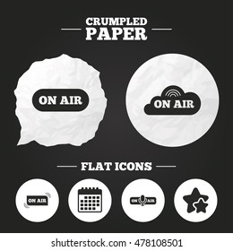 Crumpled paper speech bubble. On air icons. Live stream signs. Microphone symbol. Paper button. Vector