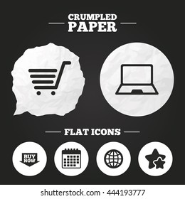 Crumpled paper speech bubble. Online shopping icons. Notebook pc, shopping cart, buy now arrow and internet signs. WWW globe symbol. Paper button. Vector
