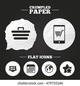 Crumpled paper speech bubble. Online shopping icons. Smartphone, shopping cart, buy now arrow and internet signs. WWW globe symbol. Paper button. Vector