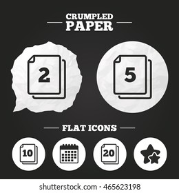 Crumpled paper speech bubble. In pack sheets icons. Quantity per package symbols. 2, 5, 10 and 20 paper units in the pack signs. Paper button. Vector