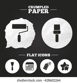Crumpled paper speech bubble. Paint roller, brush icons. Spray can and Spatula signs. Wall repair tool and painting symbol. Paper button. Vector