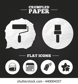 Crumpled paper speech bubble. Painting roller, brush icons. Spray can and Bucket of paint signs. Wall repair tool and painting symbol. Paper button. Vector
