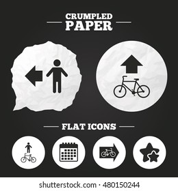 Crumpled paper speech bubble. Pedestrian road icon. Bicycle path trail sign. Cycle path. Arrow symbol. Paper button. Vector