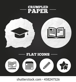 Crumpled paper speech bubble. Pencil and open book icons. Graduation cap symbol. Higher education learn signs. Paper button. Vector