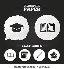 Crumpled paper speech bubble. Pencil and open book icons. Graduation cap symbol. Higher education learn signs. Paper button. Vector