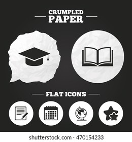 Crumpled paper speech bubble. Pencil with document and open book icons. Graduation cap and geography globe symbols. Learn signs. Paper button. Vector