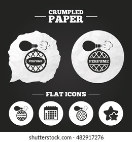 Crumpled paper speech bubble. Perfume bottle icons. Glamour fragrance sign symbols. Paper button. Vector