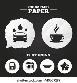 Crumpled paper speech bubble. Petrol or Gas station services icons. Automated car wash signs. Hotdog sandwich and hot coffee cup symbols. Paper button. Vector
