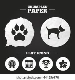 Crumpled paper speech bubble. Pets icons. Cat paw with clutches sign. Winner cup and medal symbol. Dog silhouette. Paper button. Vector