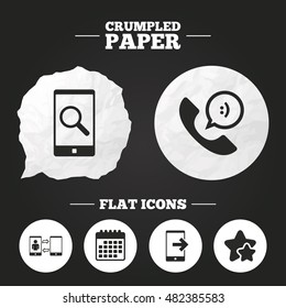Crumpled paper speech bubble. Phone icons. Smartphone with speech bubble sign. Call center support symbol. Synchronization symbol. Paper button. Vector