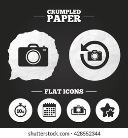 Crumpled paper speech bubble. Photo camera icon. Flip turn or refresh symbols. Stopwatch timer 10 seconds sign. Paper button. Vector