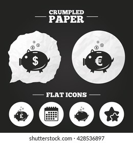 Crumpled paper speech bubble. Piggy bank icons. Dollar, Euro and Pound moneybox signs. Cash coin money symbols. Paper button. Vector