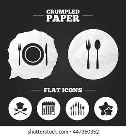 Crumpled paper speech bubble. Plate dish with forks and knifes icons. Chief hat sign. Crosswise cutlery symbol. Dessert fork. Paper button. Vector