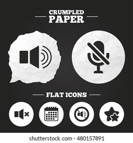 Crumpled paper speech bubble. Player control icons. Sound, microphone and mute speaker signs. No sound symbol. Paper button. Vector