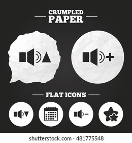 Crumpled paper speech bubble. Player control icons. Sound louder and quieter signs. Dynamic symbol. Paper button. Vector