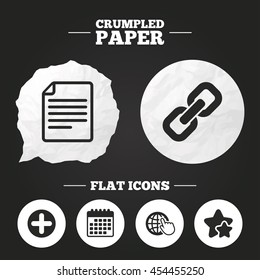Crumpled paper speech bubble. Plus add circle and hyperlink chain icons. Document file and globe with hand pointer sign symbols. Paper button. Vector