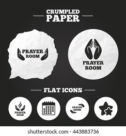 Crumpled paper speech bubble. Prayer room icons. Religion priest faith symbols. Pray with hands. Paper button. Vector