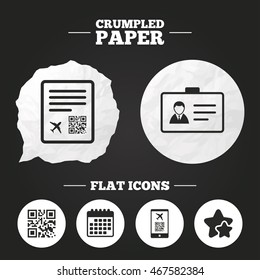 Crumpled paper speech bubble. QR scan code in smartphone icon. Boarding pass flight sign. Identity ID card badge symbol. Paper button. Vector