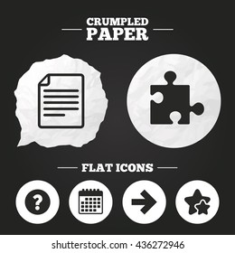 Crumpled paper speech bubble. Question mark and puzzle piece icons. Document file and next arrow sign symbols. Paper button. Vector