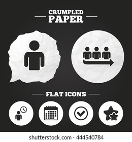 Crumpled paper speech bubble. Queue icon. Person waiting sign. Check or Tick and time clock symbols. Paper button. Vector