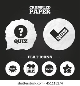 Crumpled paper speech bubble. Quiz icons. Speech bubble with check mark symbol. Explosion boom sign. Paper button. Vector