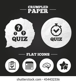 Crumpled paper speech bubble. Quiz icons. Human brain think. Checklist and stopwatch timer symbol. Survey poll or questionnaire feedback form sign. Paper button. Vector