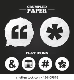 Crumpled paper speech bubble. Quote, asterisk footnote icons. Hashtag social media and ampersand symbols. Programming logical operator AND sign. Paper button. Vector