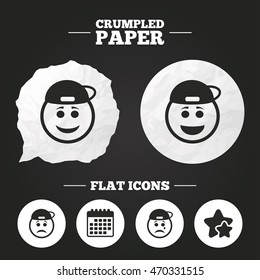 Crumpled paper speech bubble. Rapper smile face icons. Happy, sad, cry signs. Happy smiley chat symbol. Sadness depression and crying signs. Paper button. Vector