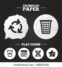 Crumpled paper speech bubble. Recycle bin icons. Reuse or reduce symbols. Trash can and recycling signs. Paper button. Vector