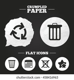 Crumpled paper speech bubble. Recycle bin icons. Reuse or reduce symbols. Trash can and recycling signs. Paper button. Vector