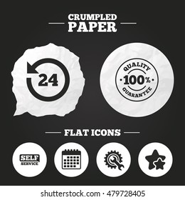 Crumpled paper speech bubble. Repair fix tool icons. 24h Customer support service signs. 100% quality guarantee symbol. Cogwheel gear with wrench key. Paper button. Vector