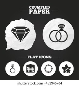 Crumpled paper speech bubble. Rings icons. Jewelry with shine diamond signs. Wedding or engagement symbols. Paper button. Vector