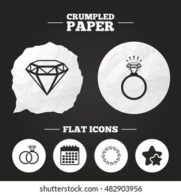 Crumpled paper speech bubble. Rings icons. Jewelry with shine diamond signs. Wedding or engagement symbols. Paper button. Vector