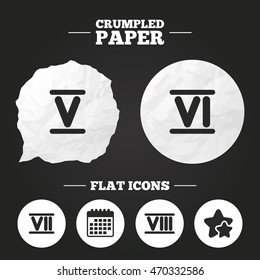 Crumpled paper speech bubble. Roman numeral icons. 5, 6, 7 and 8 digit characters. Ancient Rome numeric system. Paper button. Vector