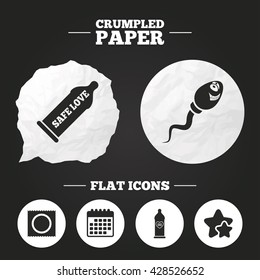 Crumpled paper speech bubble. Safe sex love icons. Condom in package symbol. Sperm sign. Fertilization or insemination. Heart symbol. Paper button. Vector