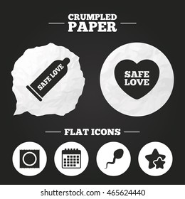 Crumpled paper speech bubble. Safe sex love icons. Condom and package symbol. Sperm sign. Fertilization or insemination. Paper button. Vector