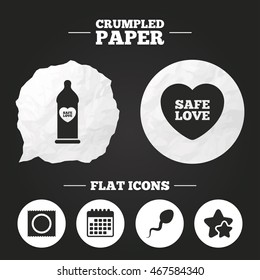 Crumpled paper speech bubble. Safe sex love icons. Condom in package symbol. Sperm sign. Fertilization or insemination. Paper button. Vector