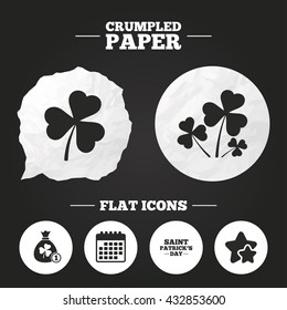 Crumpled paper speech bubble. Saint Patrick day icons. Money bag with clover and coin sign. Trefoil shamrock clover. Symbol of good luck. Paper button. Vector