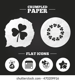 Crumpled paper speech bubble. Saint Patrick day icons. Money bag with clover sign. Wreath of trefoil shamrock clovers. Symbol of good luck. Paper button. Vector