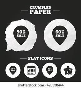 Crumpled paper speech bubble. Sale pointer tag icons. Discount special offer symbols. 50%, 60%, 70% and 80% percent sale signs. Paper button. Vector