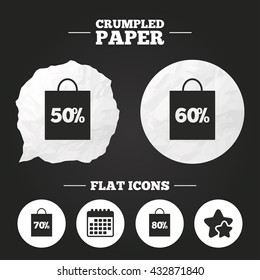 Crumpled paper speech bubble. Sale bag tag icons. Discount special offer symbols. 50%, 60%, 70% and 80% percent discount signs. Paper button. Vector