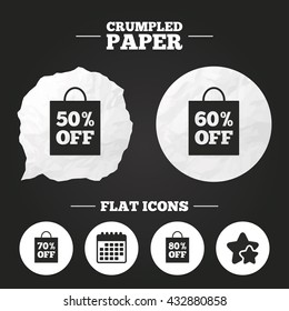 Crumpled paper speech bubble. Sale bag tag icons. Discount special offer symbols. 50%, 60%, 70% and 80% percent off signs. Paper button. Vector