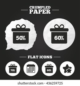 Crumpled paper speech bubble. Sale gift box tag icons. Discount special offer symbols. 50%, 60%, 70% and 80% percent discount signs. Paper button. Vector