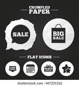 Crumpled paper speech bubble. Sale speech bubble icon. Black friday gift box symbol. Big sale shopping bag. Low price arrow sign. Paper button. Vector