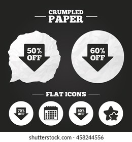 Crumpled paper speech bubble. Sale arrow tag icons. Discount special offer symbols. 50%, 60%, 70% and 80% percent off signs. Paper button. Vector